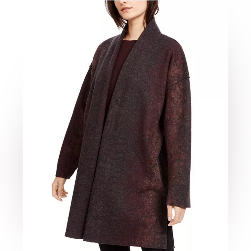 Eileen Fisher Kimono Coat Cardigan‎ Purple Brown Raw Seams Slit Pockets XXS/XS